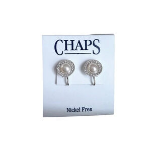 Chaps Silver Tone Pearl Clip Earrings with Small Rhinestones
